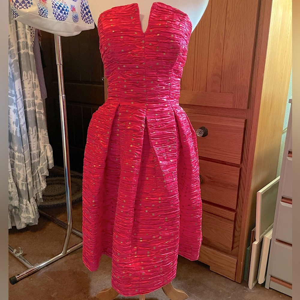 Vintage Expo Nite Small Hot Pink & Gold Polka Dot Strapless Occasion Dress